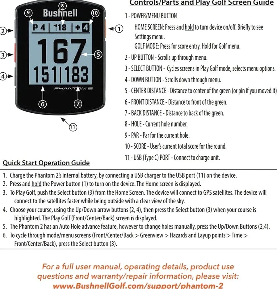 Bushnell Phantom 2 Golf GPS Rangefinder, Black